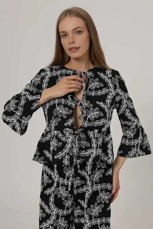 Embroidered Tie Front Cotton Woven Blouse with Flared Sleeves - WOVCOR
