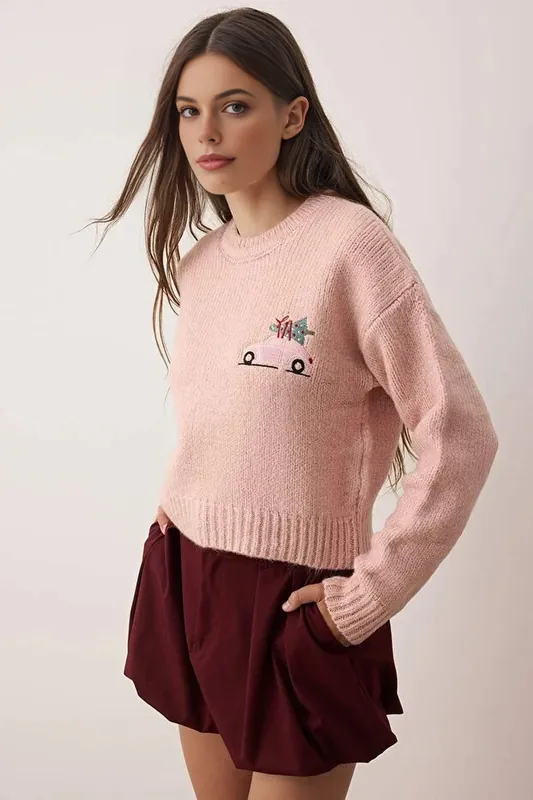 Christmas Car Embroidered Crew Neck Knitted Jumpe - WOVCOR