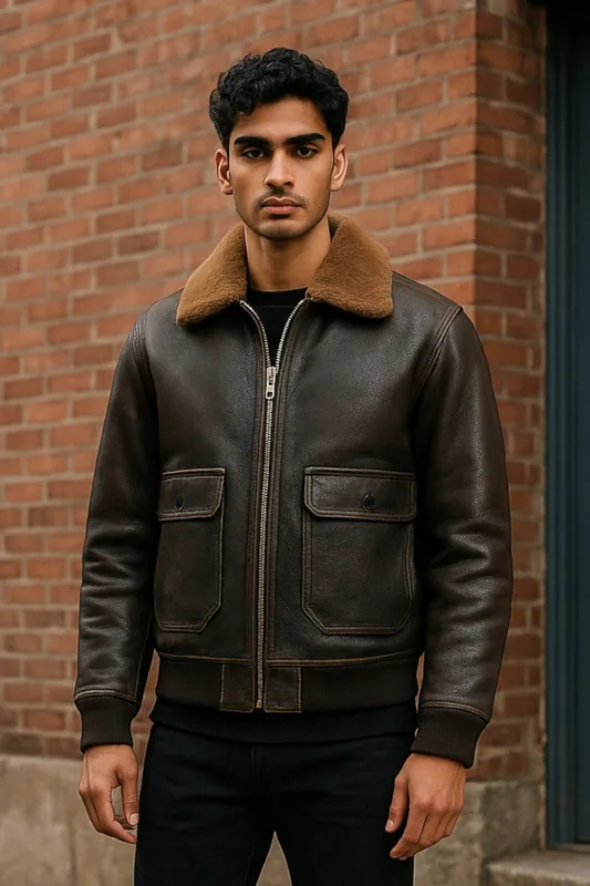 Leather Bomber Sheepskin Collar G-1 Pilot Jacket - Harbor