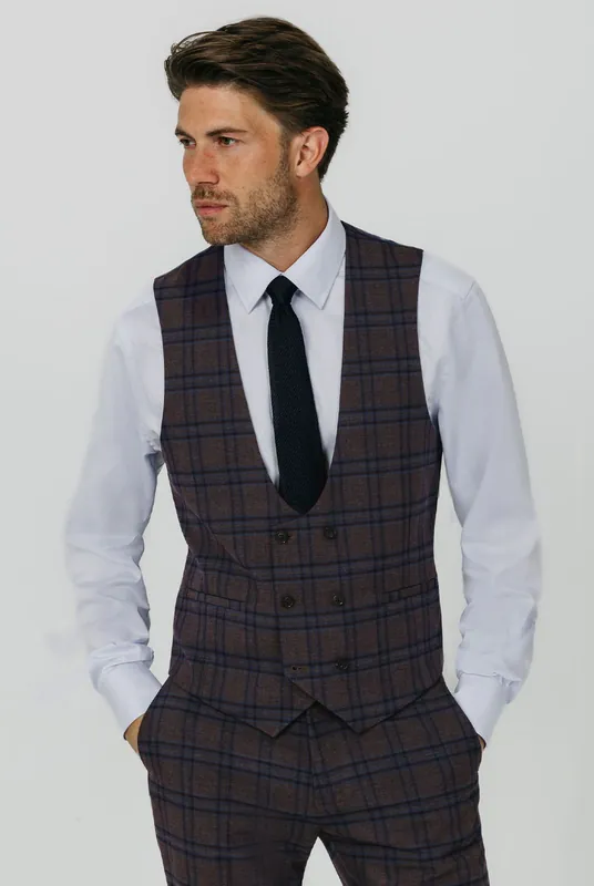Burgundy with Blue Windowpane Check Double Breasted Waistcoat - Dobell