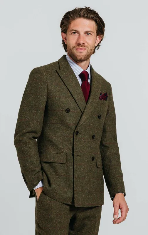 Green Double Breasted Windowpane Check Tweed Jacket - Dobell