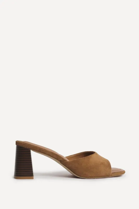 Cannes Tan Faux Suede Mule Heels - Linzi