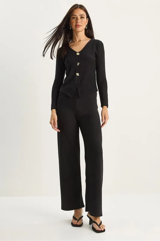 V-Neck Knitted Wide Leg Two-Piece Set