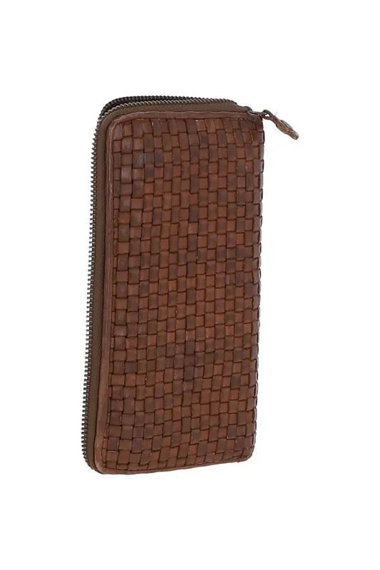 Vintage Woven Leather Zip Around Large 10 Card Coin Note Purse - Ashwood Leather