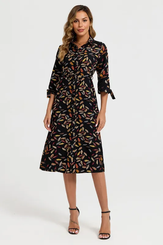 Leaf Print Tie On Sleeves Midi Shirt Dress In Black - FS Collection