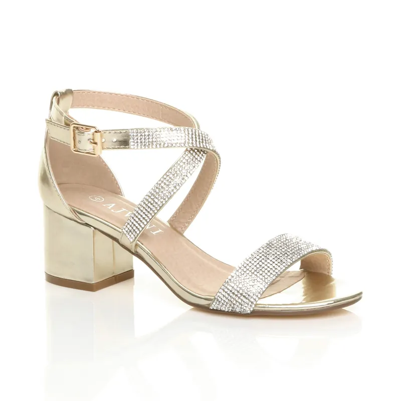 Mid Block Heel Crossed Straps Diamante Sandals - AJVANI