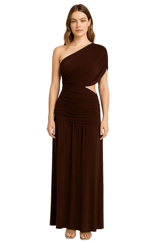 BROWN ONE SHOULDER DRAPING DETAILED SIDE CUT OUT MAXI DRESS - AVINCI