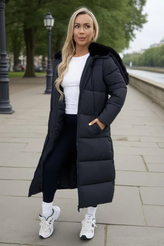Black Split Hood Longline Puffer Coat - AX Paris