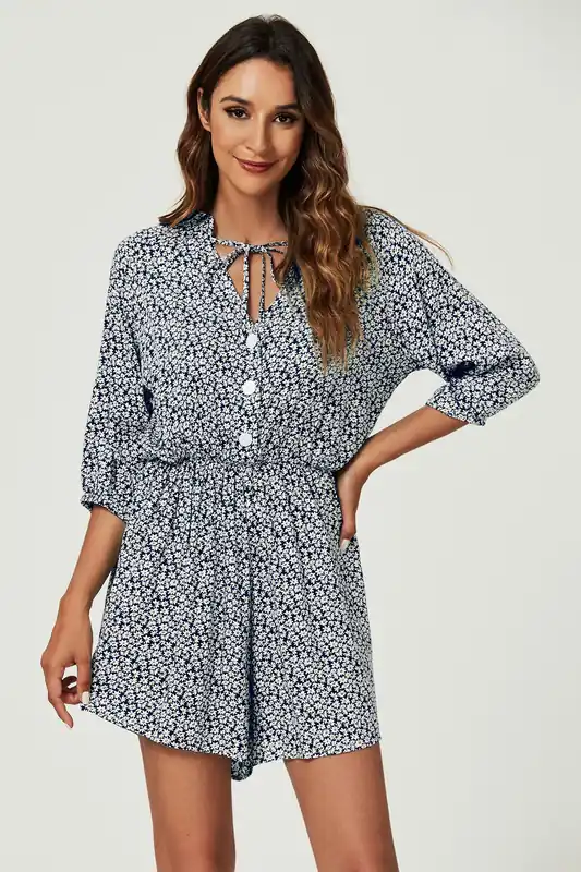Daisy Floral Print Boho Playsuit With Buttons In Navy - FS Collection