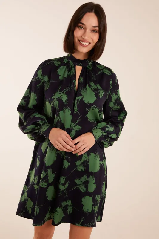 Abstract High Neck Keyhole Shift Dress - Blue Vanilla
