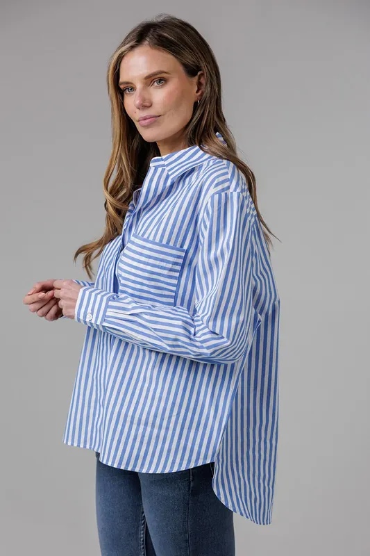 Cotton Relaxed-Fit Long Sleeve Striped Popover High-Low Hem Shirt