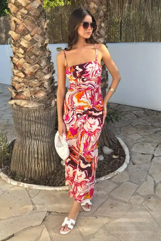 Multi Water Marble Print Strappy Slip Midi Dress - AX Paris
