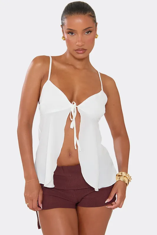 Strappy Tie Plunging Neckline Frill Trim Mesh Top - EGO