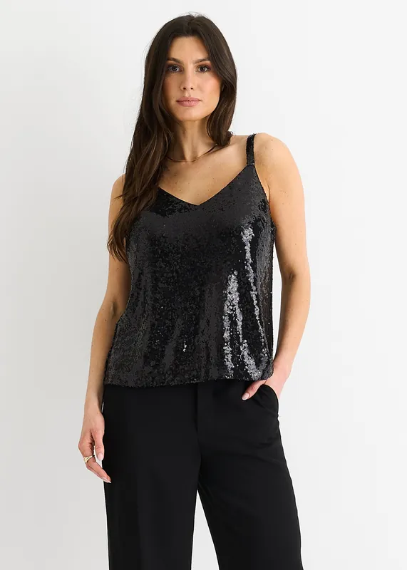 Black Sequin V Neck Cami Top - Gini London