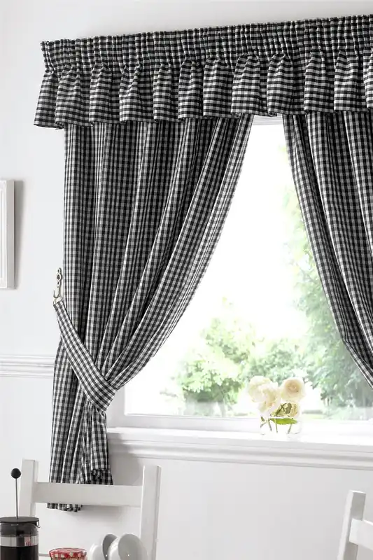 Gingham Black Checkered Taped Curtains With Tie Backs - Alan Symonds