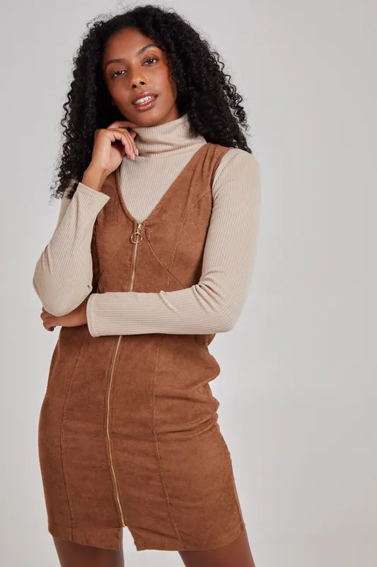 Light Tan Zip Through Cord Dress - Pink Vanilla