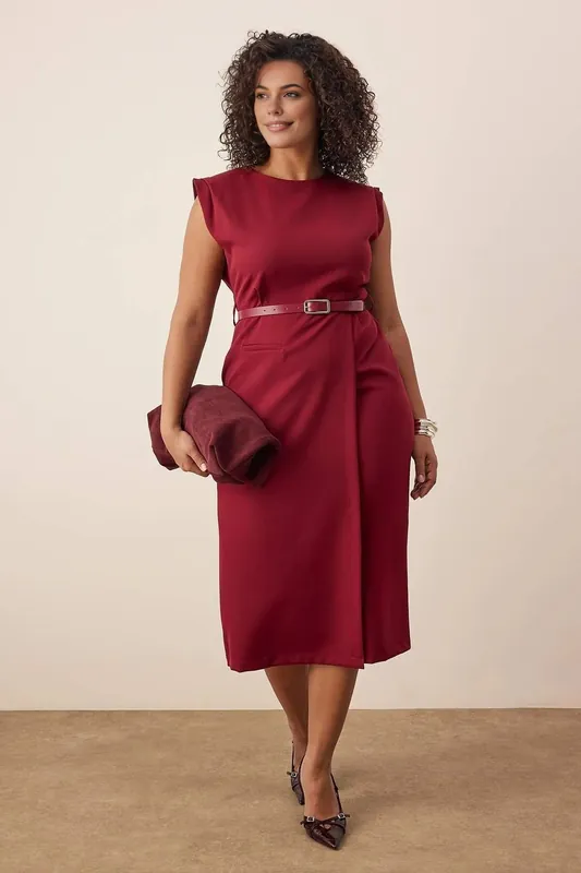 Crew Neck Belted Tailored Midi Dress - WOVCOR