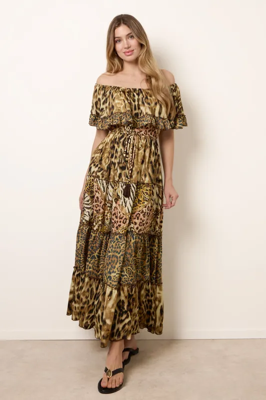 Brown Animal Print Off The Shoulder Maxi Tiered Dress - Blue Vanilla