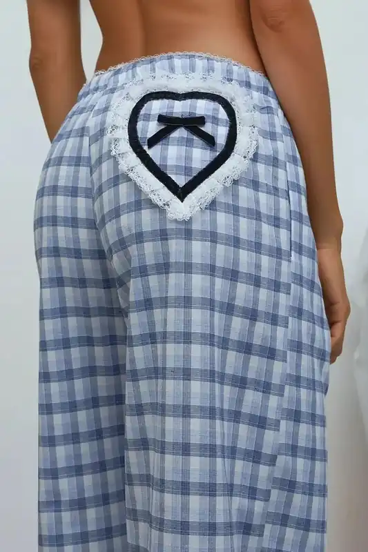 Plaid Long Lounge Bottoms with Back Heart Detail - Hiccup