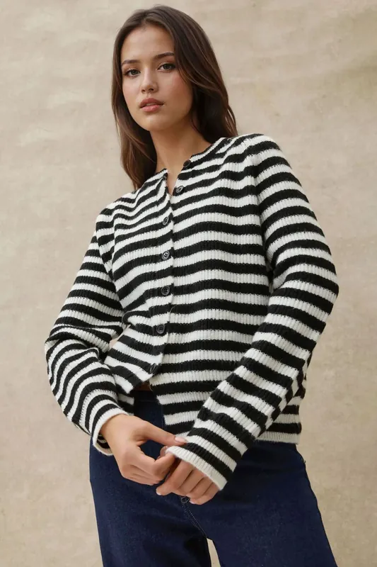 Striped Knitwear Soft Touch Cardigan with Crew Neck - Hiccup