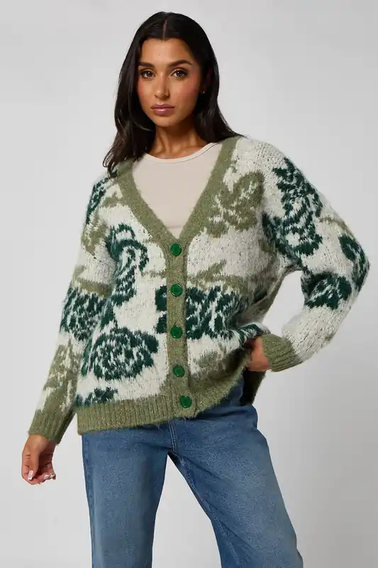 Green Floral chunky cardigan - Urban Bliss