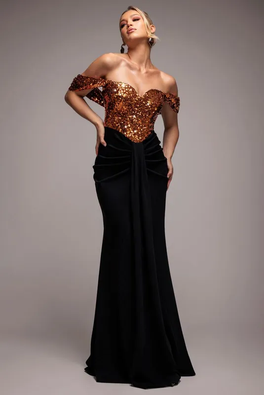 Corset Sequin Wing Bodice Scuba Skirt Maxi Dress - Goddiva