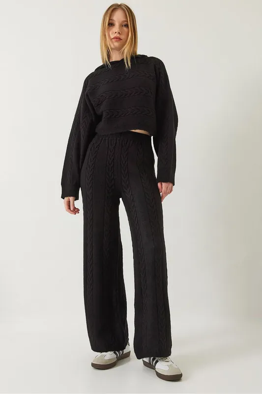 Textured Knitwear Crop Sweater and Wide Leg Pants Co-Ord Set