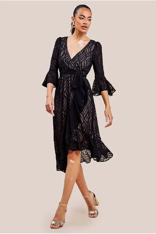 Chiffon Geo Wave Front Frill Wrap Midi Dress - Goddiva