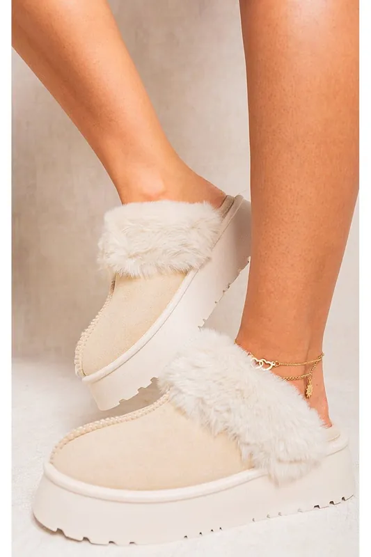 Kelly Faux Fur Trim Whisp Chunky Platform Slippers - IKRUSH