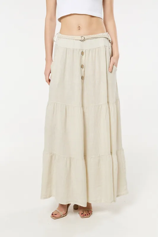 Cream Linen Tiered Maxi Skirt With Belt - Liquorish