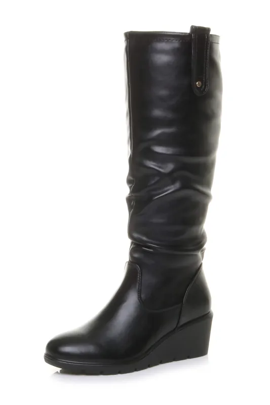 Mid Wedge Heel Slouch Knee High Calf Boots - AJVANI
