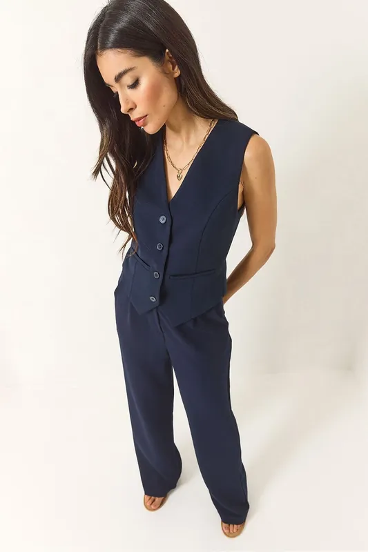 Textured V-Neck Long Co-Ord Set with Button Closure