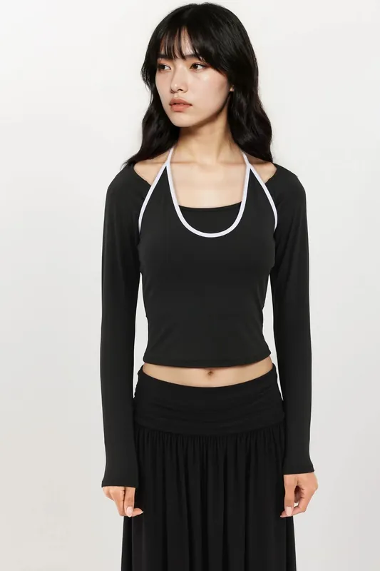 Halter Neck Long Sleeve Knitted Top - Hiccup