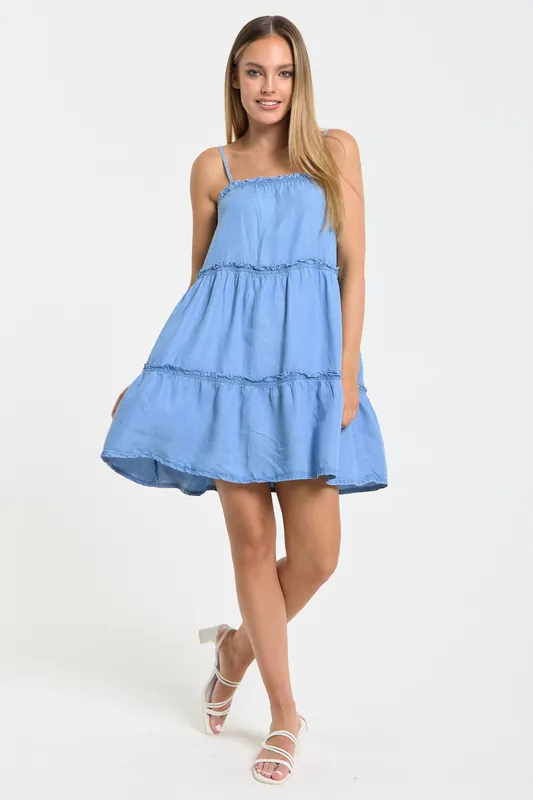Light Blue Cotton Tiered Mini Dress - Liquorish