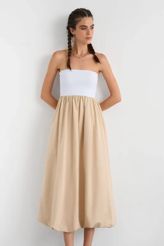 Color Block Pleated Strapless Balloon Skirt Maxi Dress - Hiccup