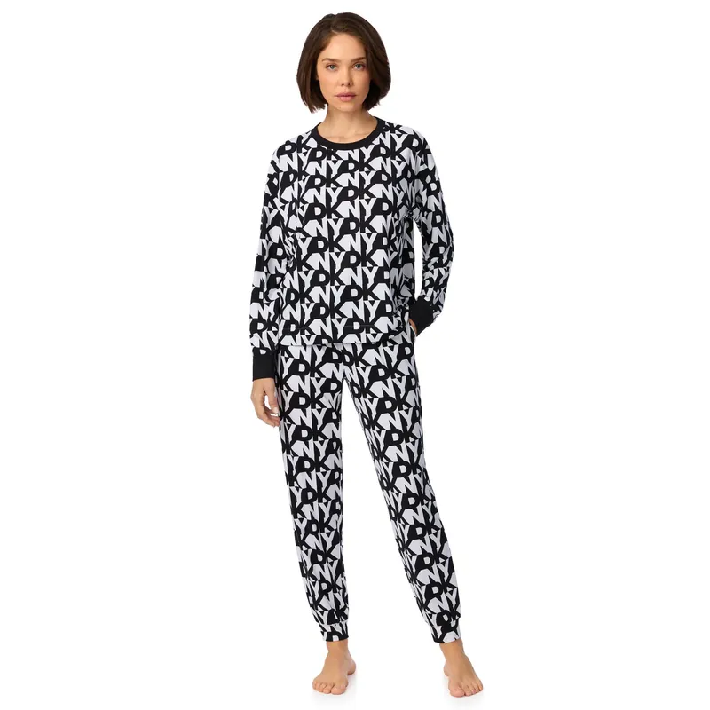 Long Sleeve Top and Jogger Sleep Set in White Logo Stack - DKNY