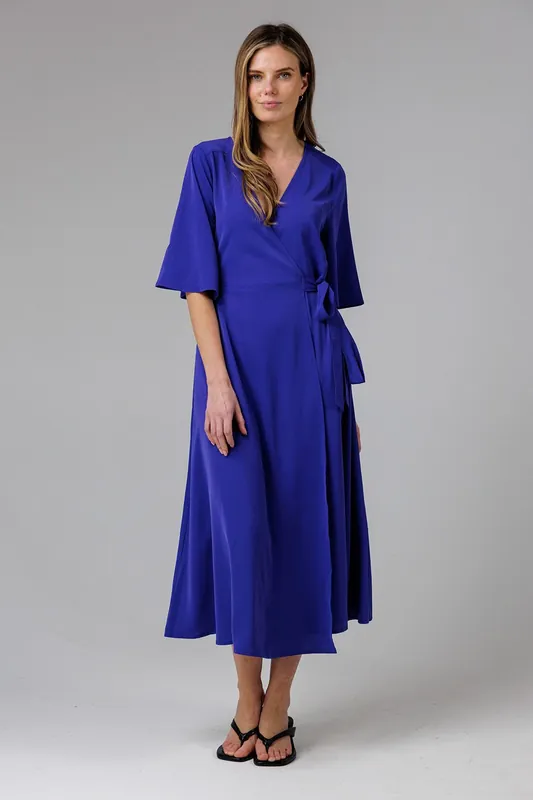 V- Neck Bell Sleeve Wrap Tie Crepe Midi Dress