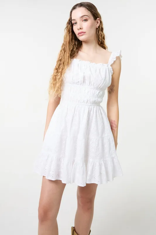 Ivory Tie Back Broderie Tiered Mini Dress - Pink Vanilla
