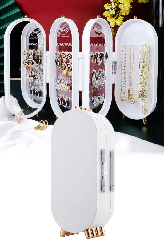 4-Tier Jewelry Display Box Earring Storage Jewellery Organizer Stand Women Gift with Mirror
