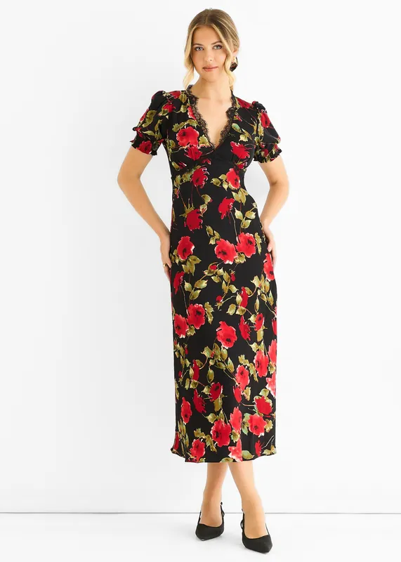 Black Floral Lace Trim Detail Midi Dress - Gini London