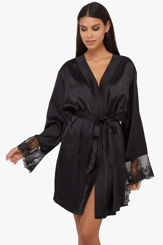Eleanor Black Satin And Embroidery Robe - Playful Promises