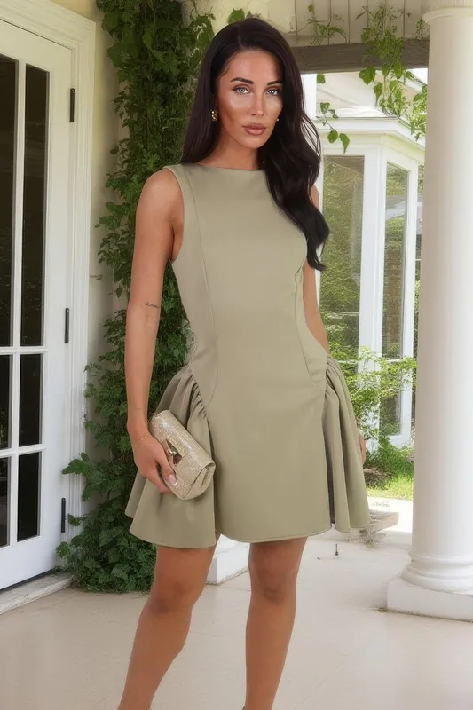 Khaki Round Neck Pleated Hip Mini Dress - AX Paris
