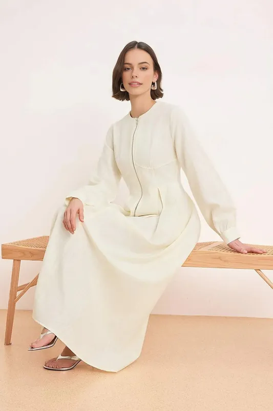 Zip Front Long Sleeve Maxi Dress with Clean A-Line Fit