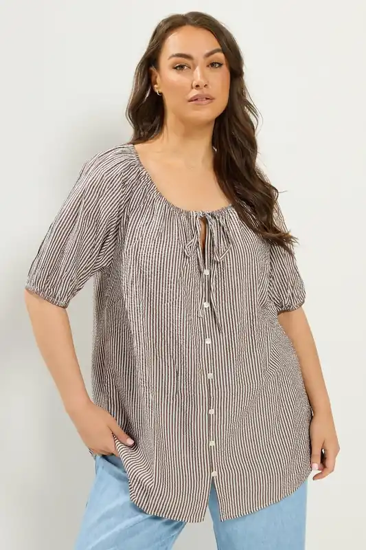 Stripe Print Puff Sleeve Blouse - Yours