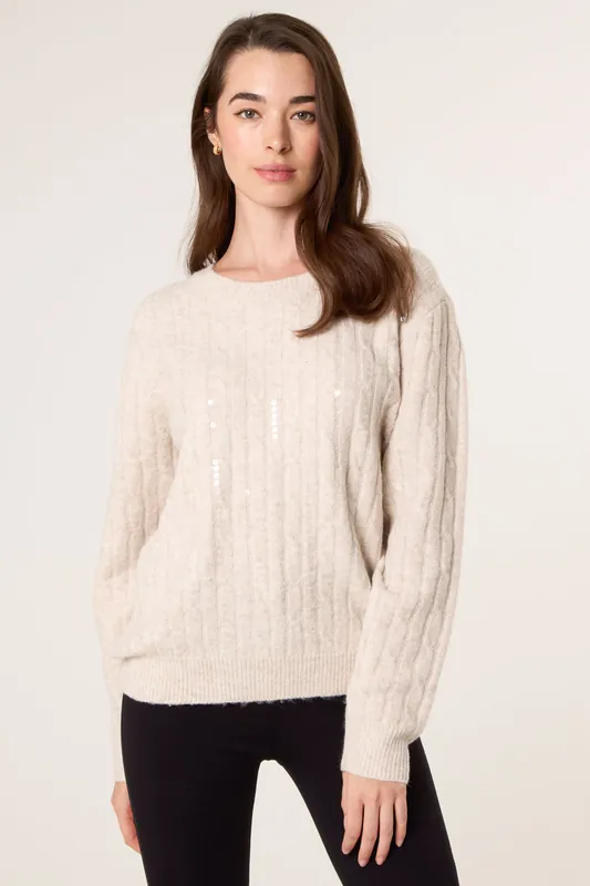 Beige Round Neck Jumper With Sequin - Blue Vanilla