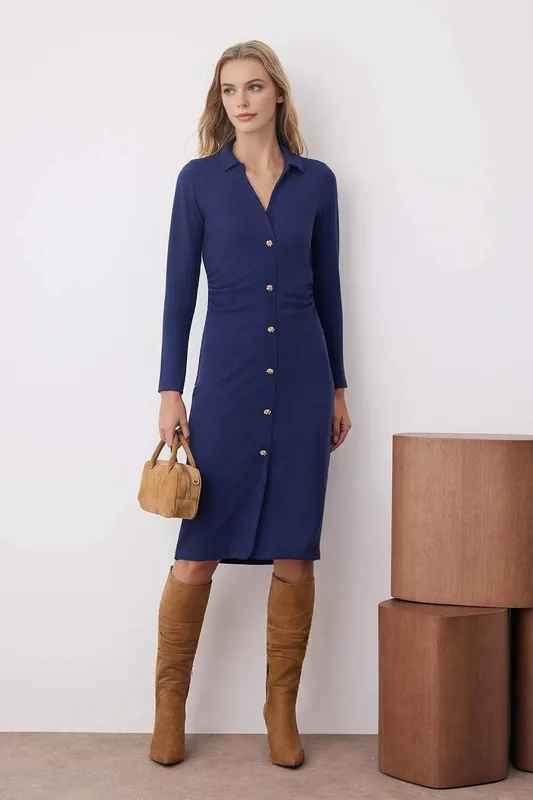 Button Front Bodycon Midi Knitted Dress with Polo Collar - WOVCOR