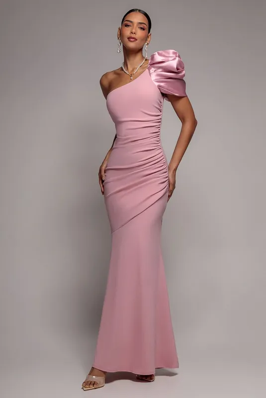 One Shoulder Puffed Satin Sleeve Evening Maxi Dress - Goddiva