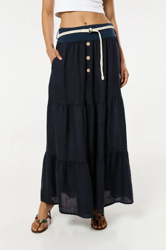 Navy Linen Tiered Maxi Skirt With Belt - Liquorish