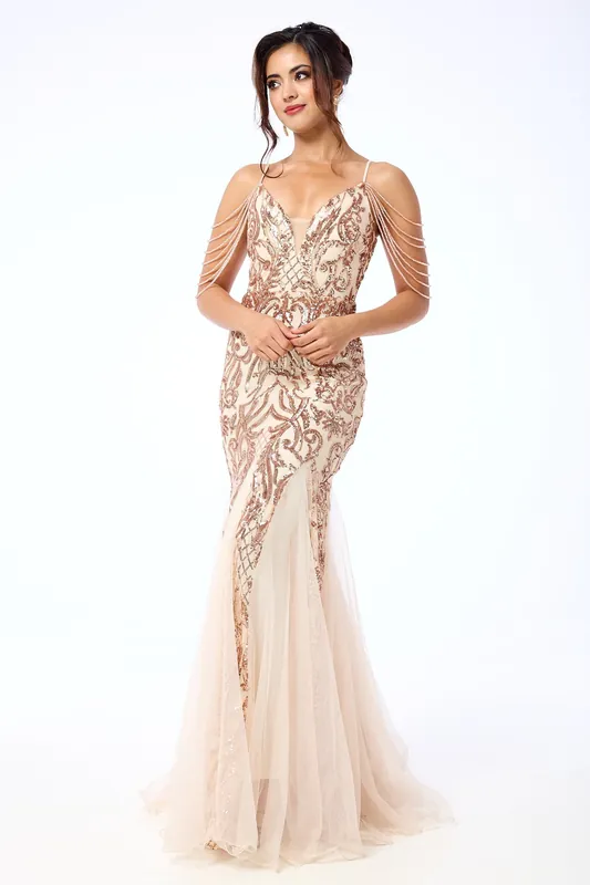 Diora - Gold Jewelled Shoulder Sequin Maxi Dress
