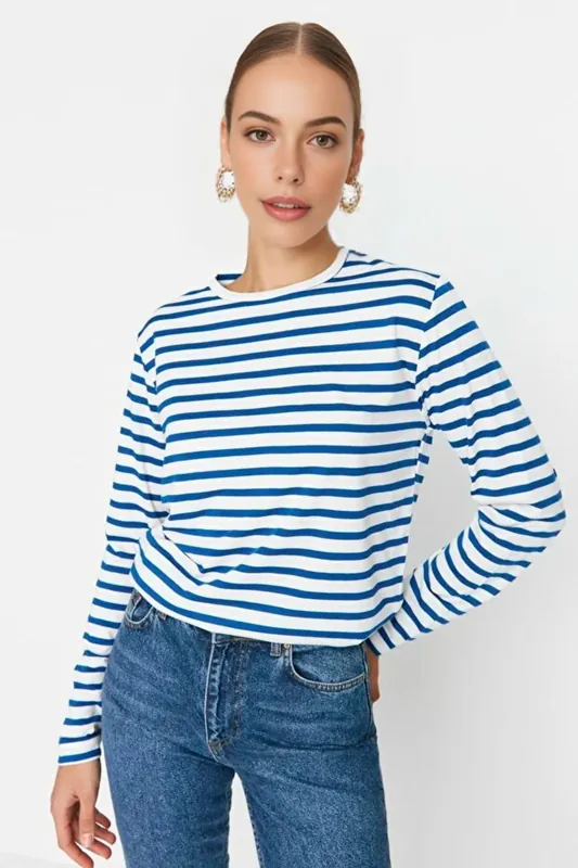 Striped Crew Neck Knit Long Sleeve T-Shirt